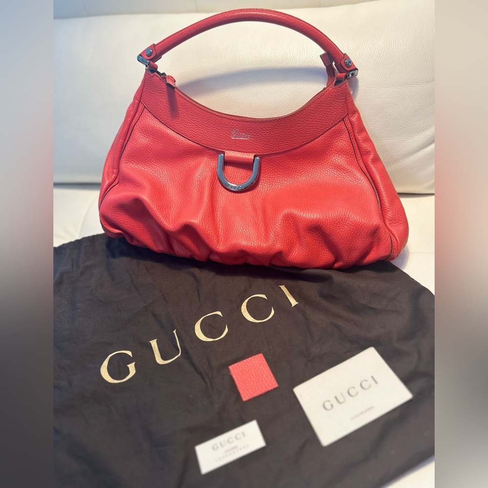 GUCCI Red Leather D-Ring Abbey Hobo